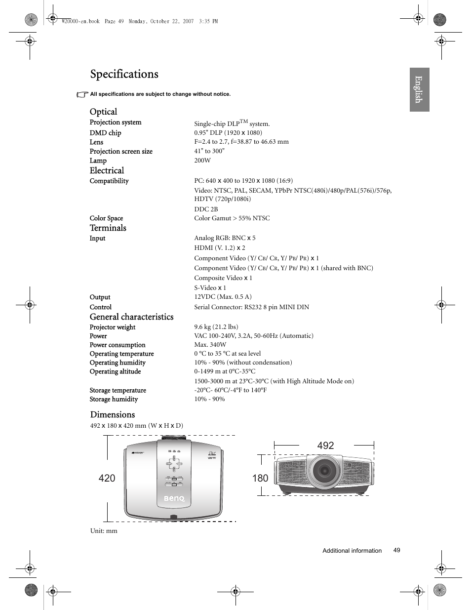 Specifications, Eng lish, Dimensions | Optical, Electrical, Terminals, General characteristics | BenQ W20000 User Manual | Page 49 / 53