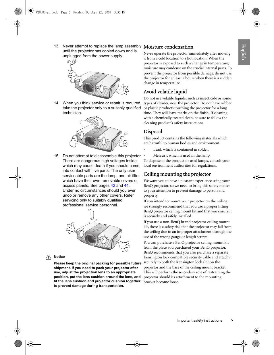 Eng lish, Moisture condensation, Avoid volatile liquid | Disposal, Ceiling mounting the projector | BenQ W20000 User Manual | Page 5 / 53