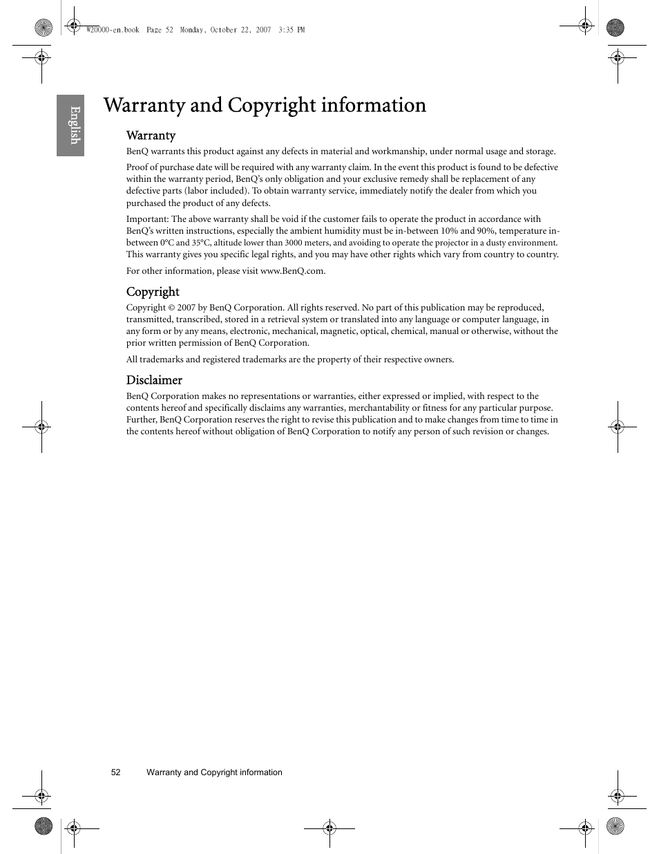 Warranty and copyright information | BenQ W20000 User Manual | Page 52 / 53