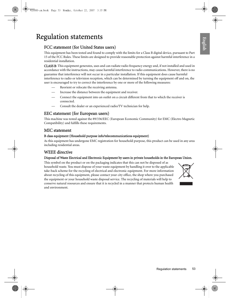 Regulation statements | BenQ W20000 User Manual | Page 53 / 53