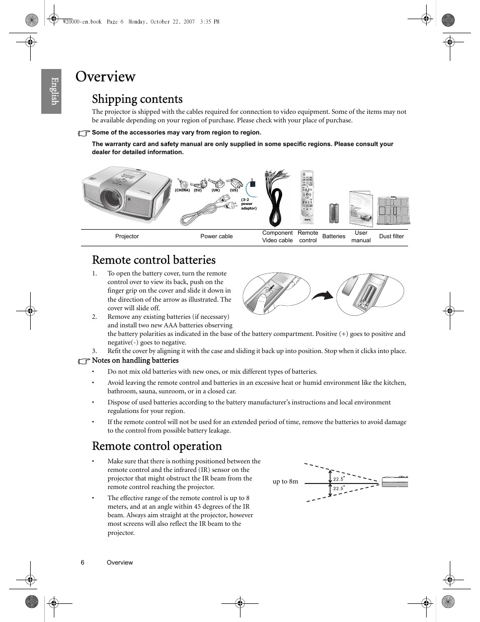 Overview, Shipping contents, Remote control batteries | Remote control operation, Eng lish | BenQ W20000 User Manual | Page 6 / 53