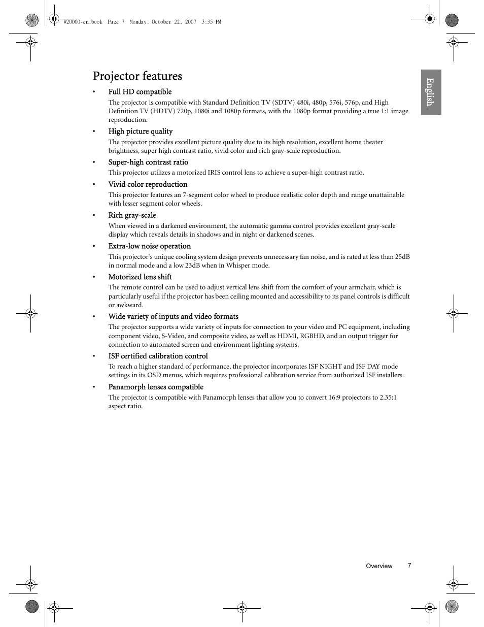 Projector features | BenQ W20000 User Manual | Page 7 / 53