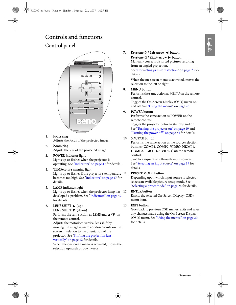 Controls and functions, Control panel, Eng lish | BenQ W20000 User Manual | Page 9 / 53