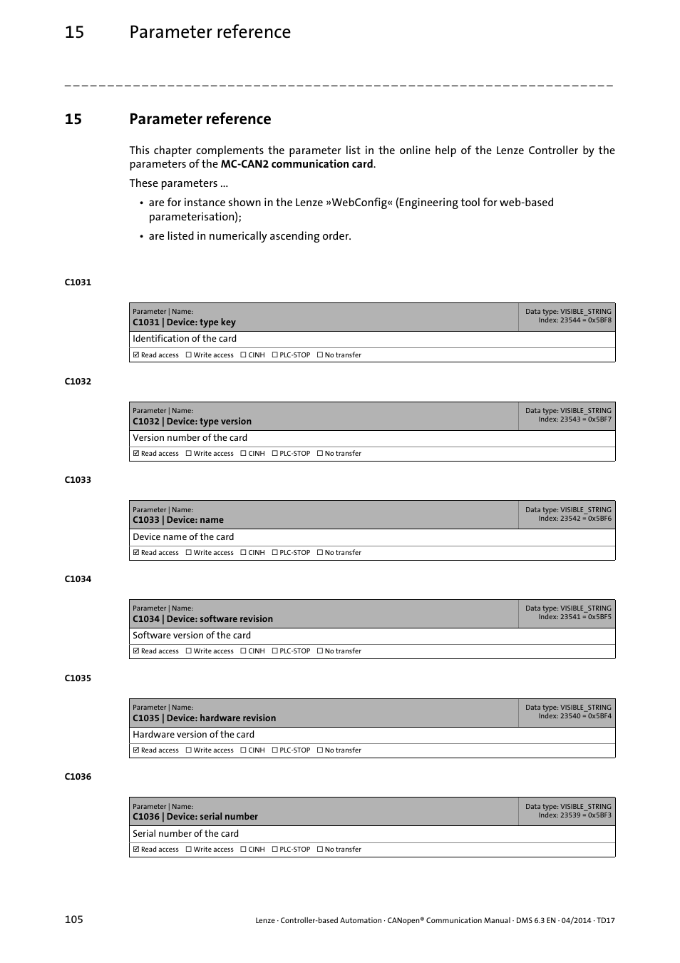 15 parameter reference, C1031, C1032 | C1033, C1034, C1035, C1036, Parameter reference | Lenze CANopen Controller-based Automation User Manual | Page 105 / 110