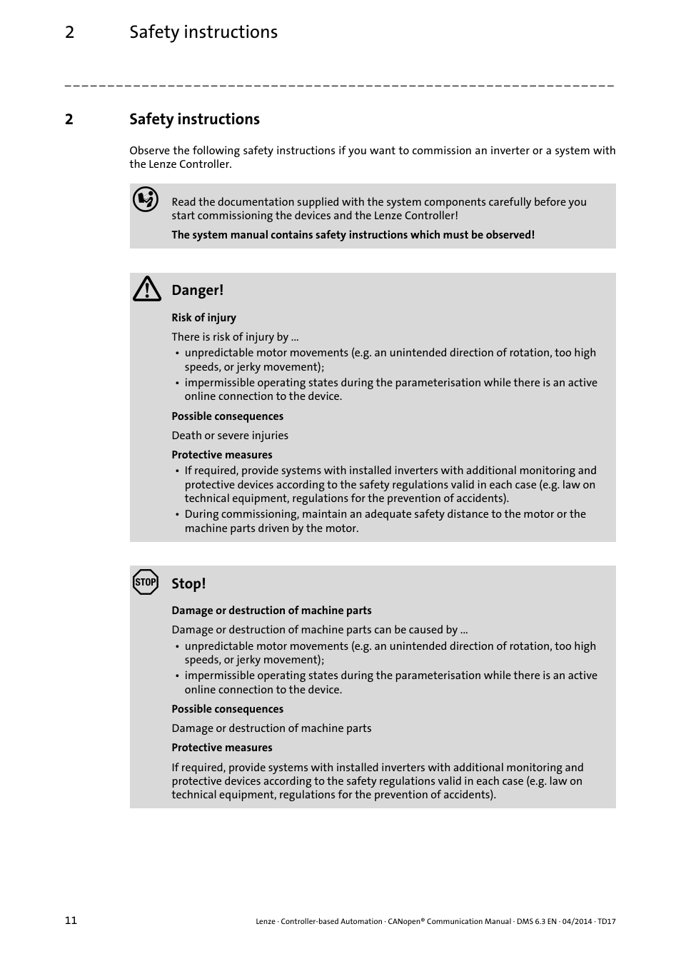 2 safety instructions, Safety instructions, 2safety instructions | Lenze CANopen Controller-based Automation User Manual | Page 11 / 110