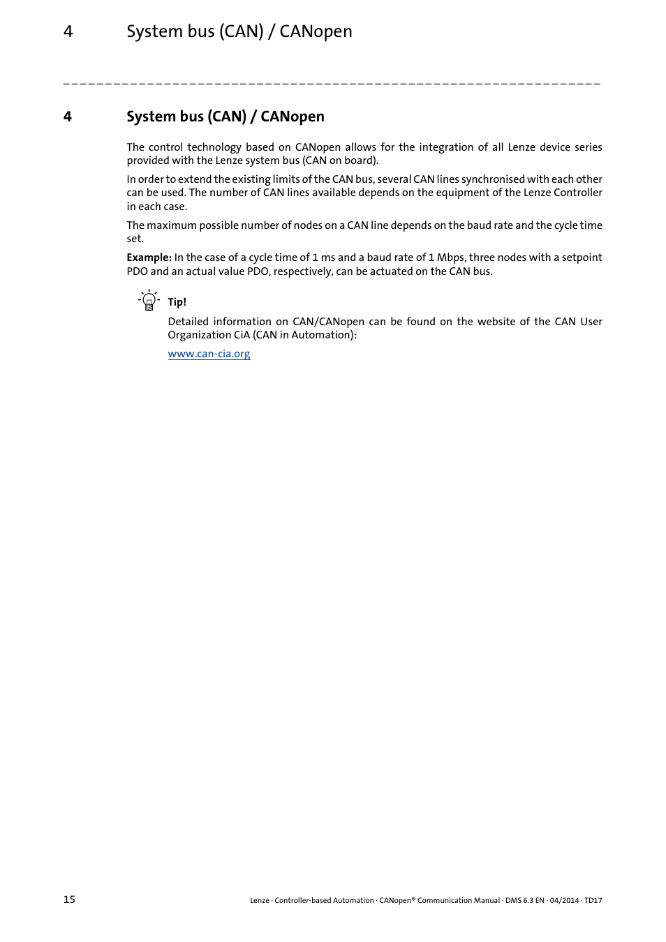 4 system bus (can) / canopen, System bus (can) / canopen, 4system bus (can) / canopen | Lenze CANopen Controller-based Automation User Manual | Page 15 / 110