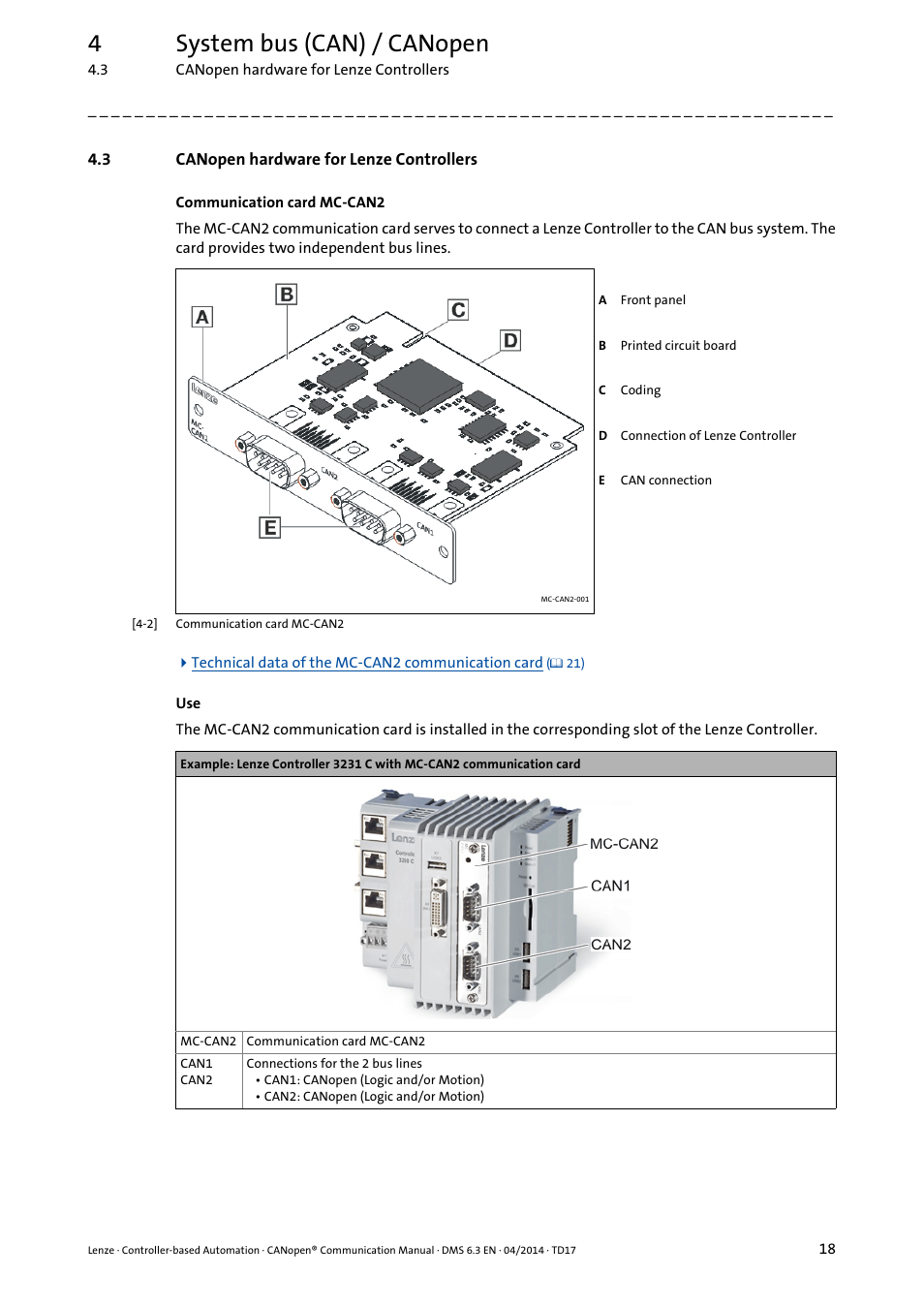 3 canopen hardware for lenze controllers, Canopen hardware for lenze controllers, 4system bus (can) / canopen | Lenze CANopen Controller-based Automation User Manual | Page 18 / 110