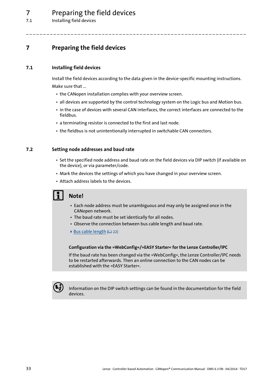 7 preparing the field devices, 1 installing field devices, 2 setting node addresses and baud rate | Preparing the field devices, Installing field devices, Setting node addresses and baud rate, 7preparing the field devices | Lenze CANopen Controller-based Automation User Manual | Page 33 / 110