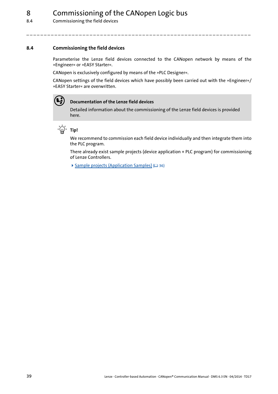 4 commissioning the field devices, Commissioning the field devices, Apter | Commissioning, The field devices, Commissioning the field devices ( 39), 8commissioning of the canopen logic bus | Lenze CANopen Controller-based Automation User Manual | Page 39 / 110