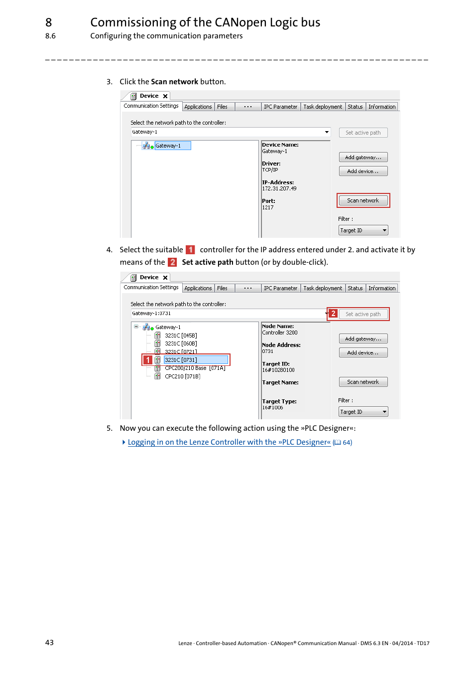 8commissioning of the canopen logic bus | Lenze CANopen Controller-based Automation User Manual | Page 43 / 110