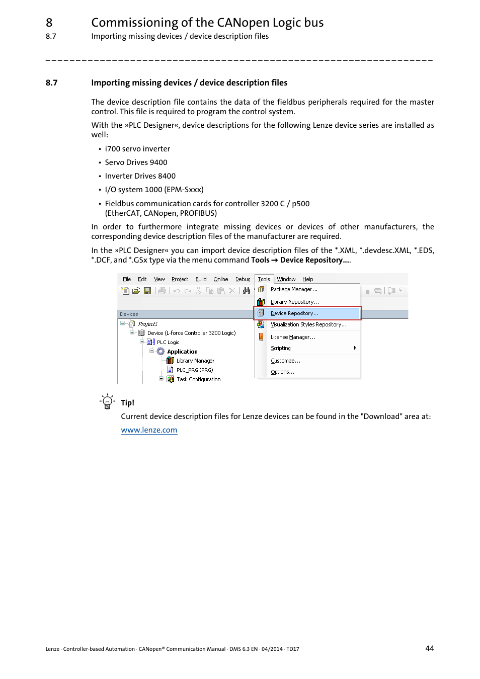 8commissioning of the canopen logic bus | Lenze CANopen Controller-based Automation User Manual | Page 44 / 110