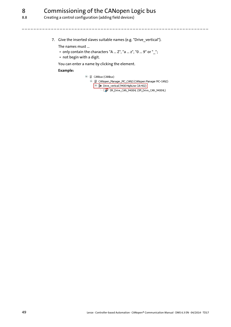 8commissioning of the canopen logic bus | Lenze CANopen Controller-based Automation User Manual | Page 49 / 110