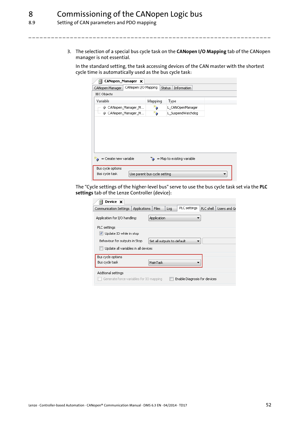 8commissioning of the canopen logic bus | Lenze CANopen Controller-based Automation User Manual | Page 52 / 110