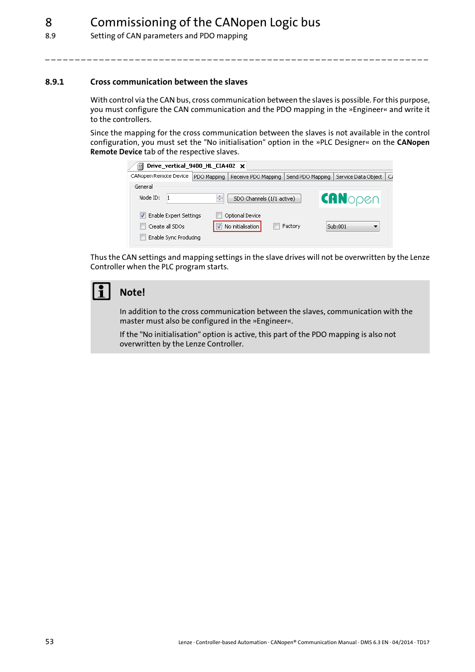 1 cross communication between the slaves, Cross communication between the slaves, 8commissioning of the canopen logic bus | Lenze CANopen Controller-based Automation User Manual | Page 53 / 110