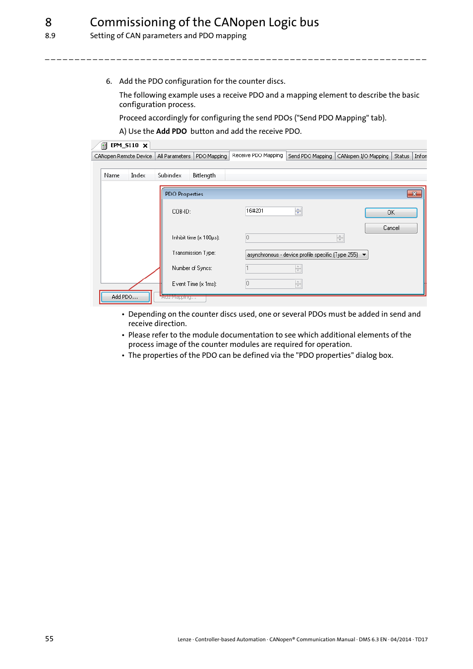 8commissioning of the canopen logic bus | Lenze CANopen Controller-based Automation User Manual | Page 55 / 110