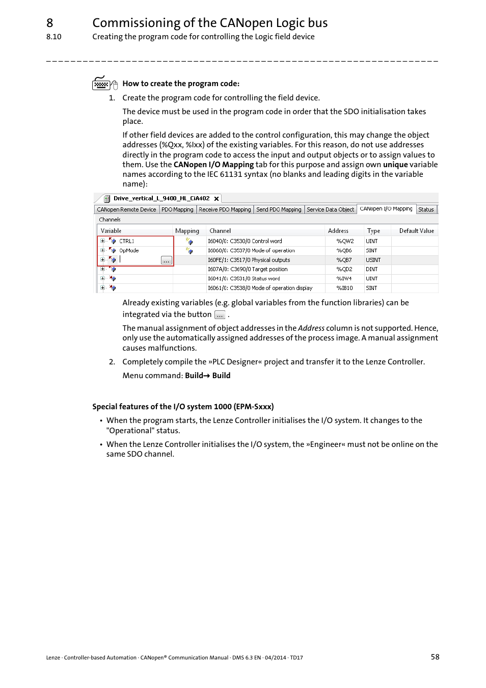 8commissioning of the canopen logic bus | Lenze CANopen Controller-based Automation User Manual | Page 58 / 110