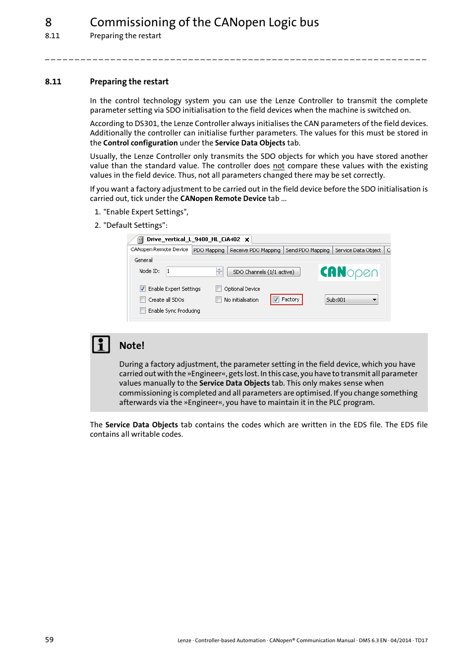 11 preparing the restart, Preparing the restart ( 59), 8commissioning of the canopen logic bus | Lenze CANopen Controller-based Automation User Manual | Page 59 / 110