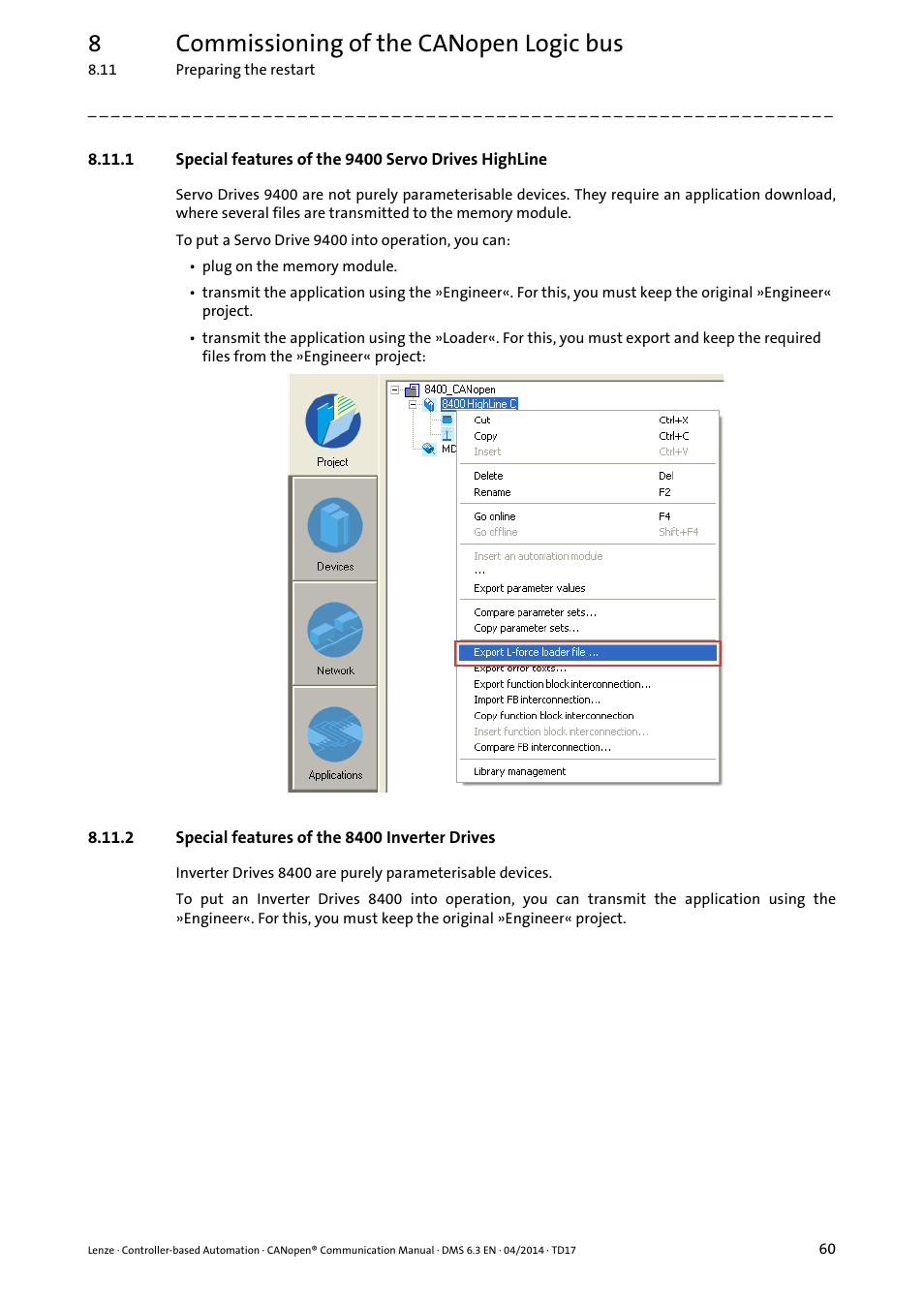 2 special features of the 8400 inverter drives, 8commissioning of the canopen logic bus | Lenze CANopen Controller-based Automation User Manual | Page 60 / 110