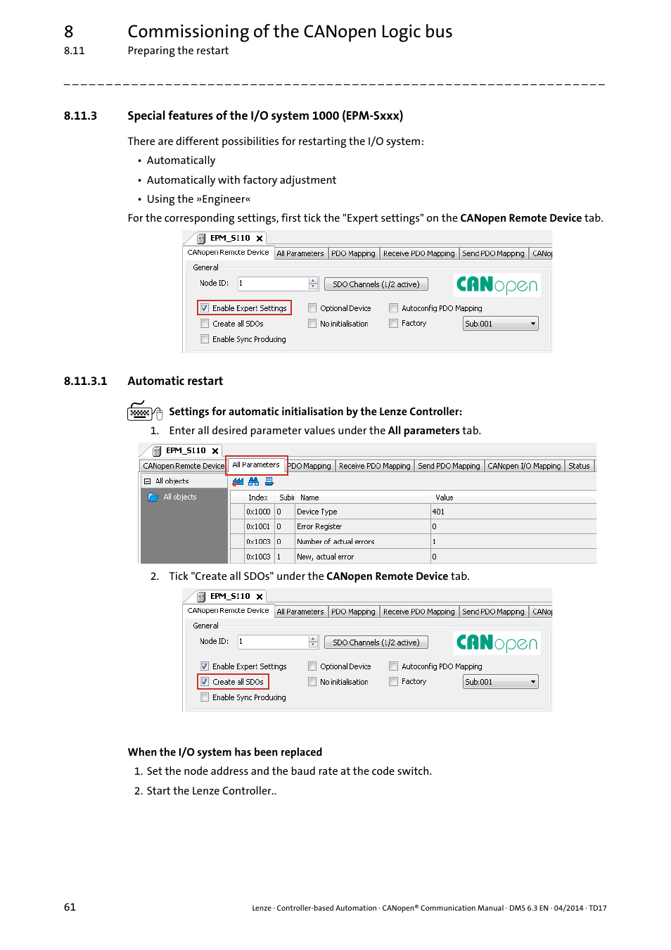 1 automatic restart, 8commissioning of the canopen logic bus | Lenze CANopen Controller-based Automation User Manual | Page 61 / 110