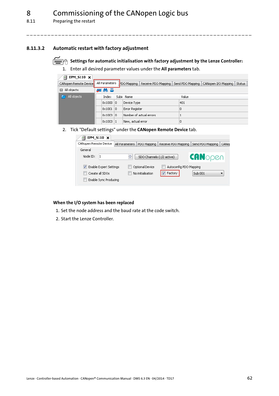 2 automatic restart with factory adjustment, 8commissioning of the canopen logic bus | Lenze CANopen Controller-based Automation User Manual | Page 62 / 110