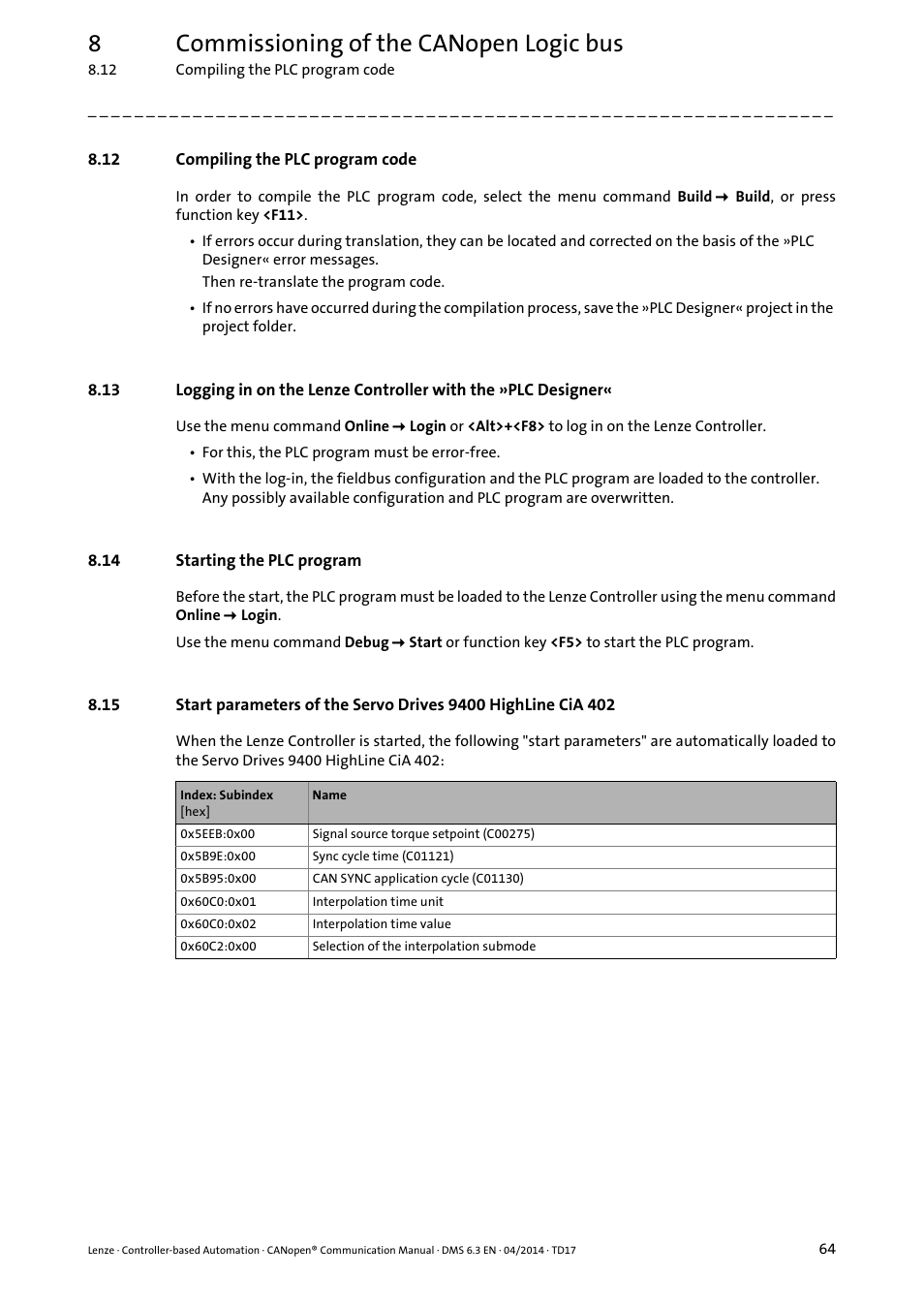 12 compiling the plc program code, 14 starting the plc program, Compiling the plc program code ( 64) | Starting the plc program ( 64), 8commissioning of the canopen logic bus | Lenze CANopen Controller-based Automation User Manual | Page 64 / 110