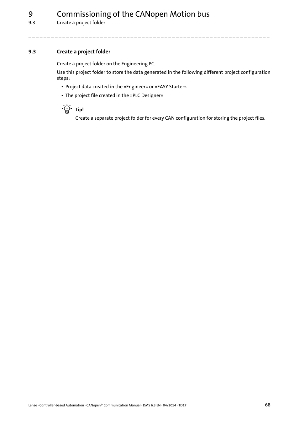 3 create a project folder, Create a project folder, Create a project folder ( 68) | 9commissioning of the canopen motion bus | Lenze CANopen Controller-based Automation User Manual | Page 68 / 110