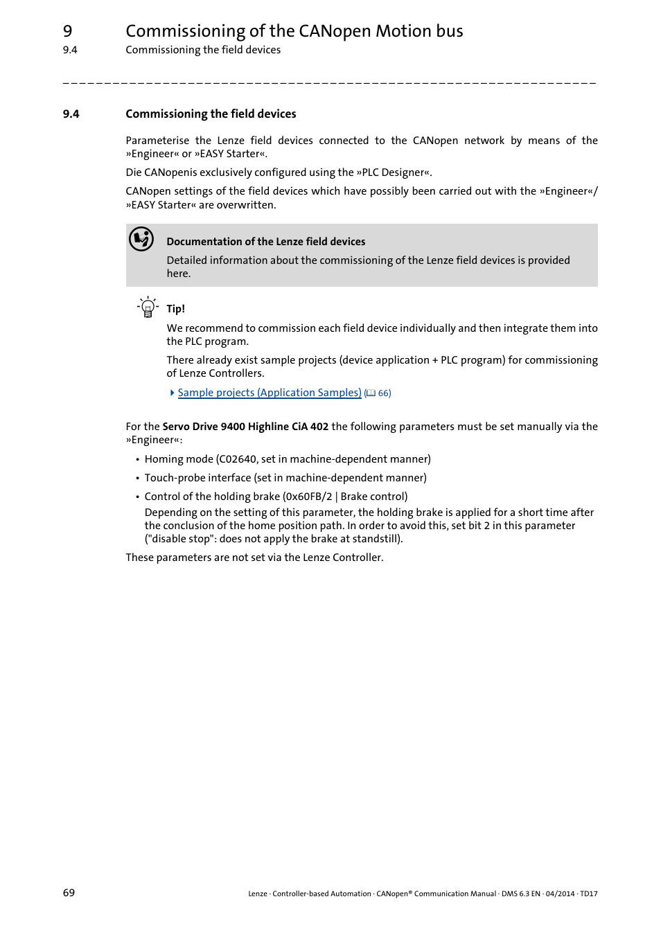 4 commissioning the field devices, Commissioning the field devices, Commissioning the field devices ( 69) | 9commissioning of the canopen motion bus | Lenze CANopen Controller-based Automation User Manual | Page 69 / 110