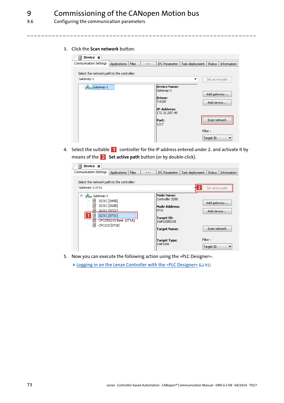 9commissioning of the canopen motion bus | Lenze CANopen Controller-based Automation User Manual | Page 73 / 110