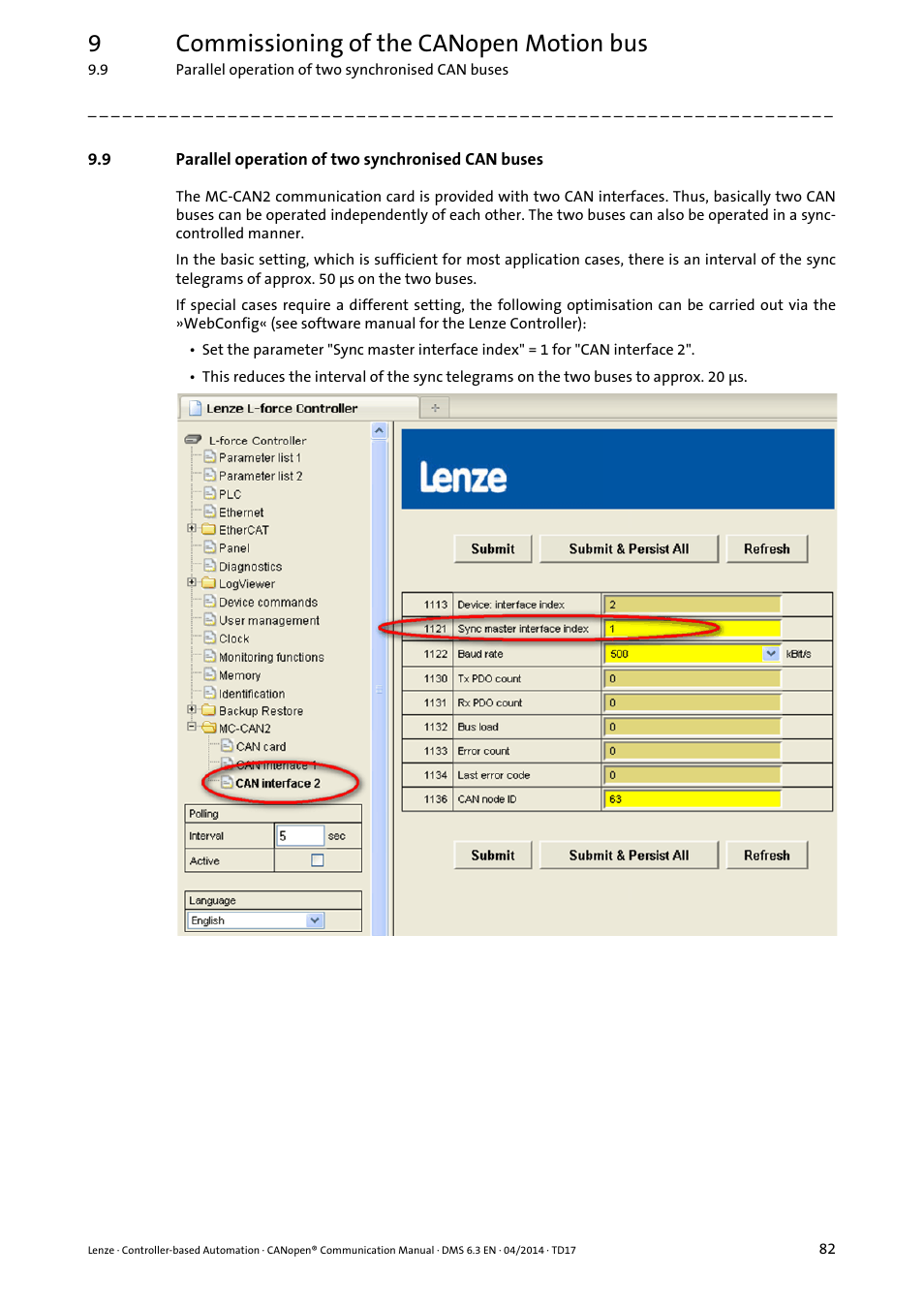 9 parallel operation of two synchronised can buses, Parallel operation of two synchronised can buses, Supplemented | 9commissioning of the canopen motion bus | Lenze CANopen Controller-based Automation User Manual | Page 82 / 110