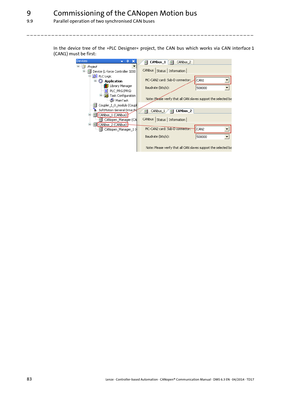 9commissioning of the canopen motion bus | Lenze CANopen Controller-based Automation User Manual | Page 83 / 110