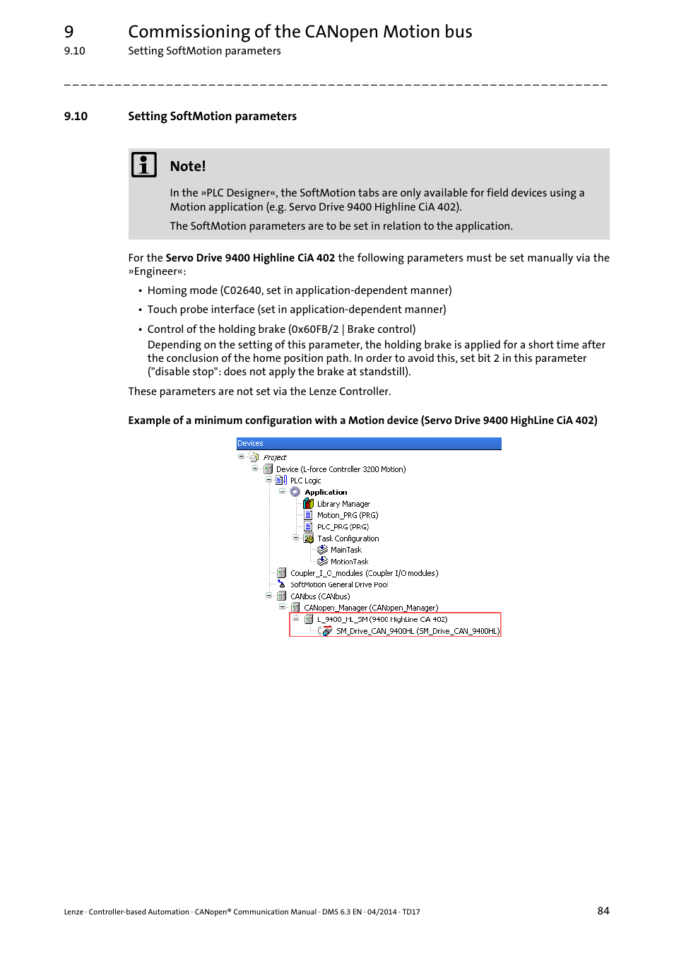 10 setting softmotion parameters, Setting softmotion parameters ( 84), 9commissioning of the canopen motion bus | Lenze CANopen Controller-based Automation User Manual | Page 84 / 110
