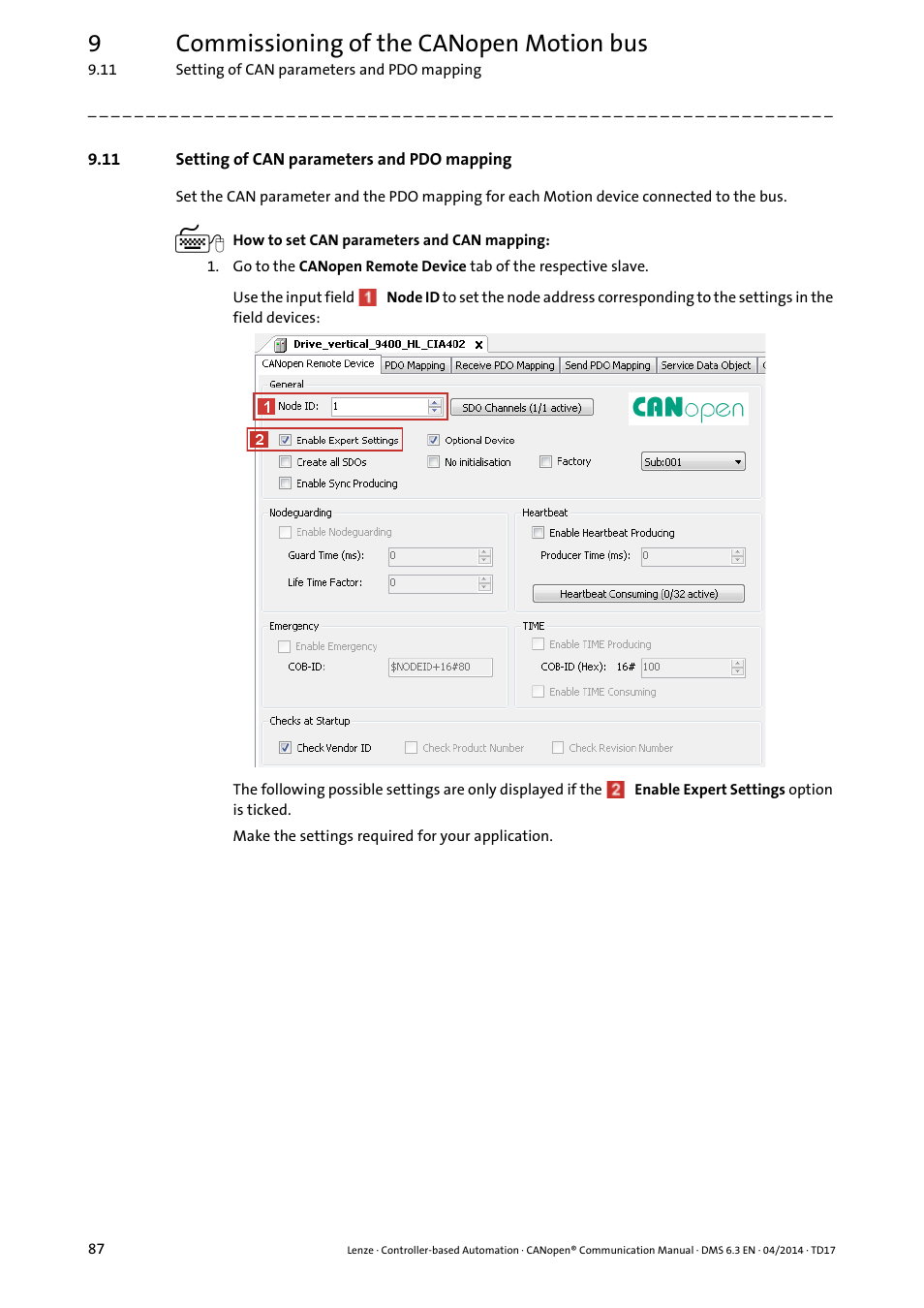 11 setting of can parameters and pdo mapping, Setting of can parameters and pdo mapping ( 87), 9commissioning of the canopen motion bus | Lenze CANopen Controller-based Automation User Manual | Page 87 / 110