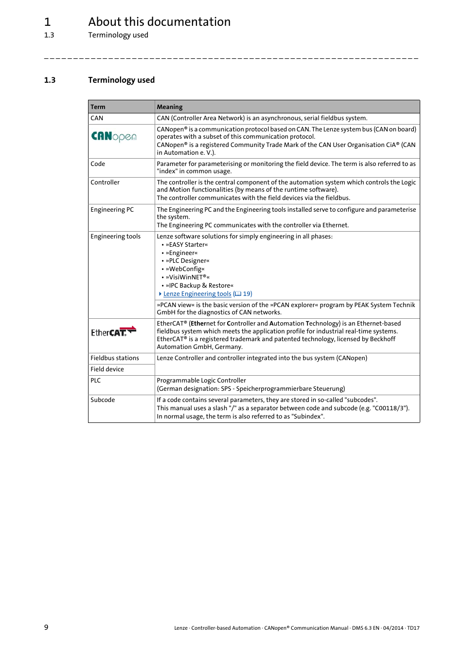 3 terminology used, Terminology used, 1about this documentation | Lenze CANopen Controller-based Automation User Manual | Page 9 / 110