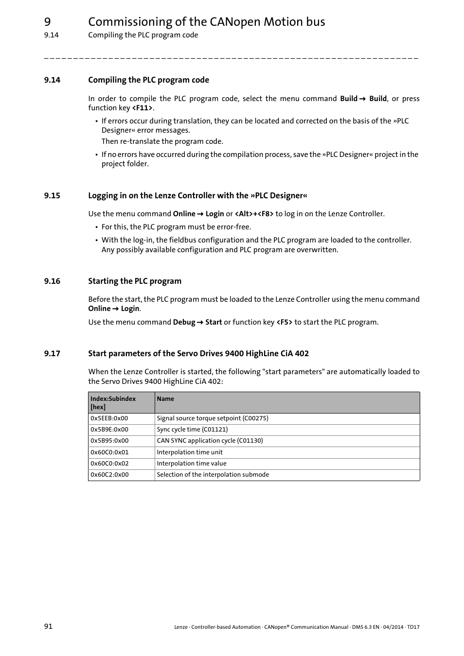 14 compiling the plc program code, 16 starting the plc program, Compiling the plc program code ( 91) | Starting the plc program ( 91), 9commissioning of the canopen motion bus | Lenze CANopen Controller-based Automation User Manual | Page 91 / 110