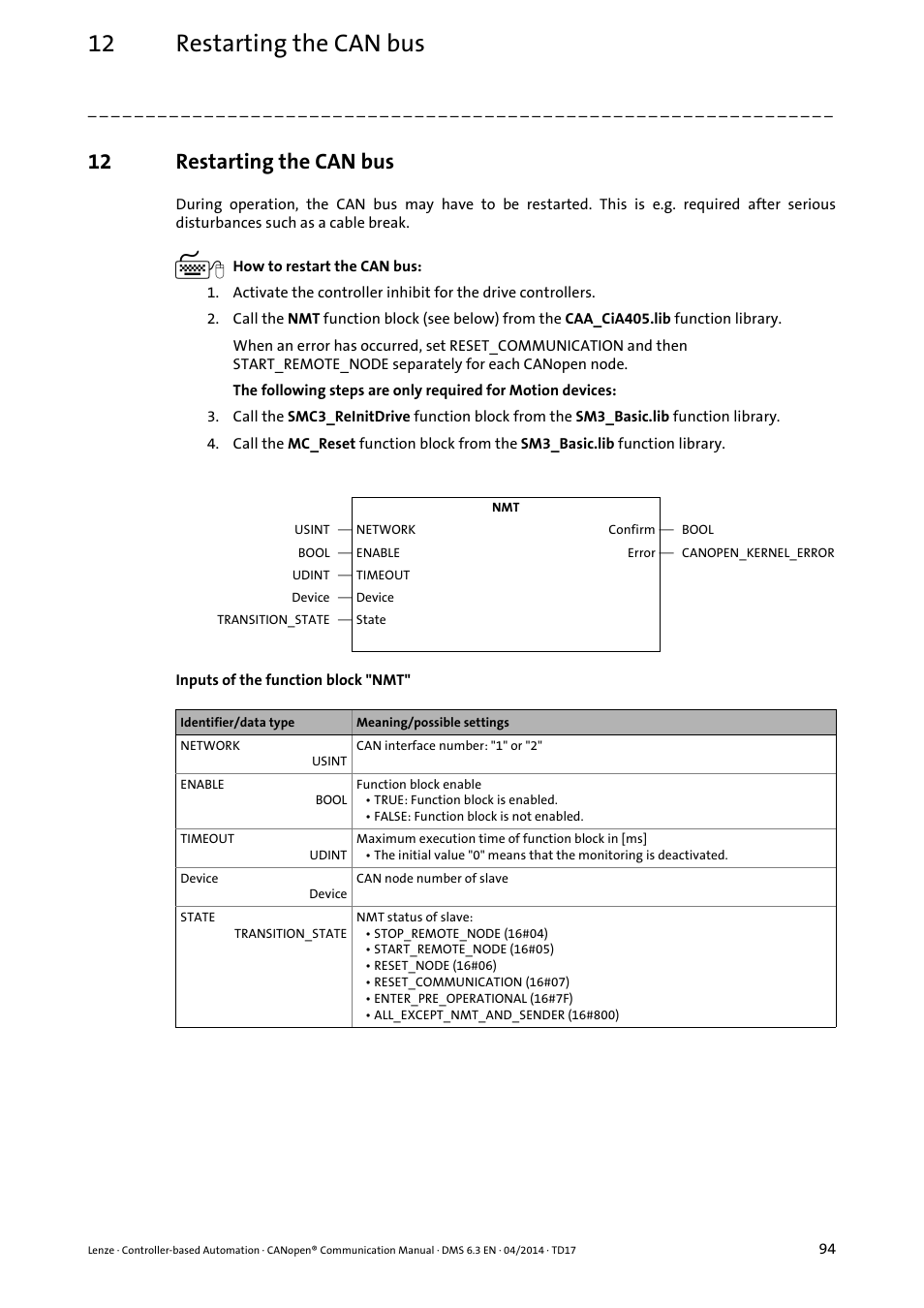 12 restarting the can bus, Restarting the can bus | Lenze CANopen Controller-based Automation User Manual | Page 94 / 110