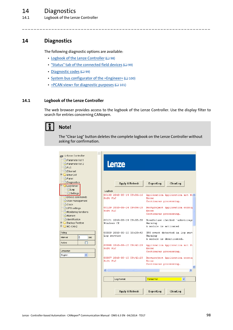 14 diagnostics, 1 logbook of the lenze controller, Diagnostics | Lenze CANopen Controller-based Automation User Manual | Page 98 / 110