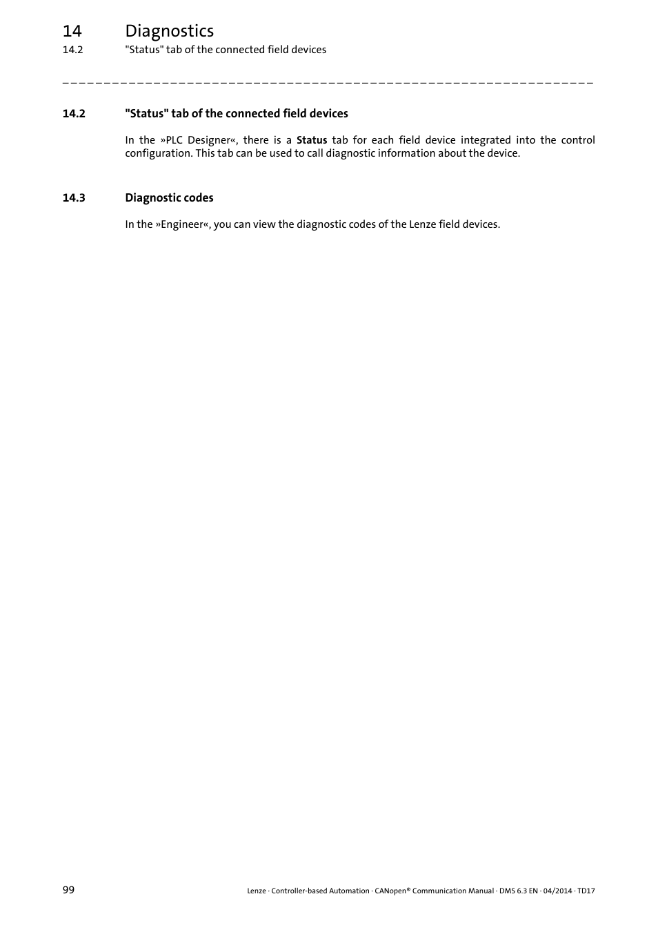 2 "status" tab of the connected field devices, 3 diagnostic codes, Status" tab of the connected field devices | Diagnostic codes, 14 diagnostics | Lenze CANopen Controller-based Automation User Manual | Page 99 / 110