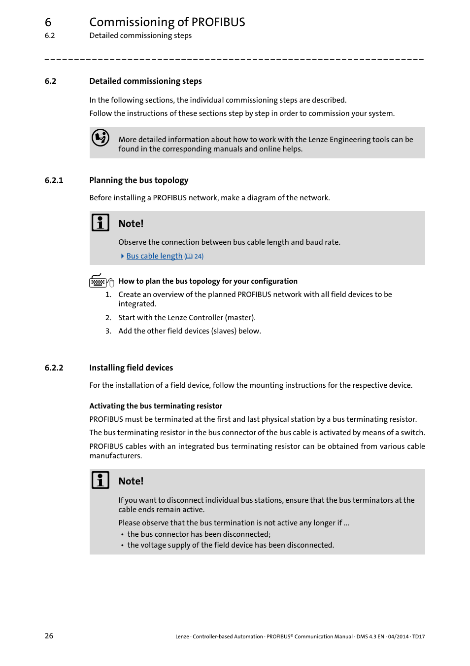 2 detailed commissioning steps, 1 planning the bus topology, 2 installing field devices | Detailed commissioning steps, Planning the bus topology, Installing field devices, Planning the bus topology ( 26), 6commissioning of profibus | Lenze PROFIBUS Controller-based Automation User Manual | Page 26 / 55