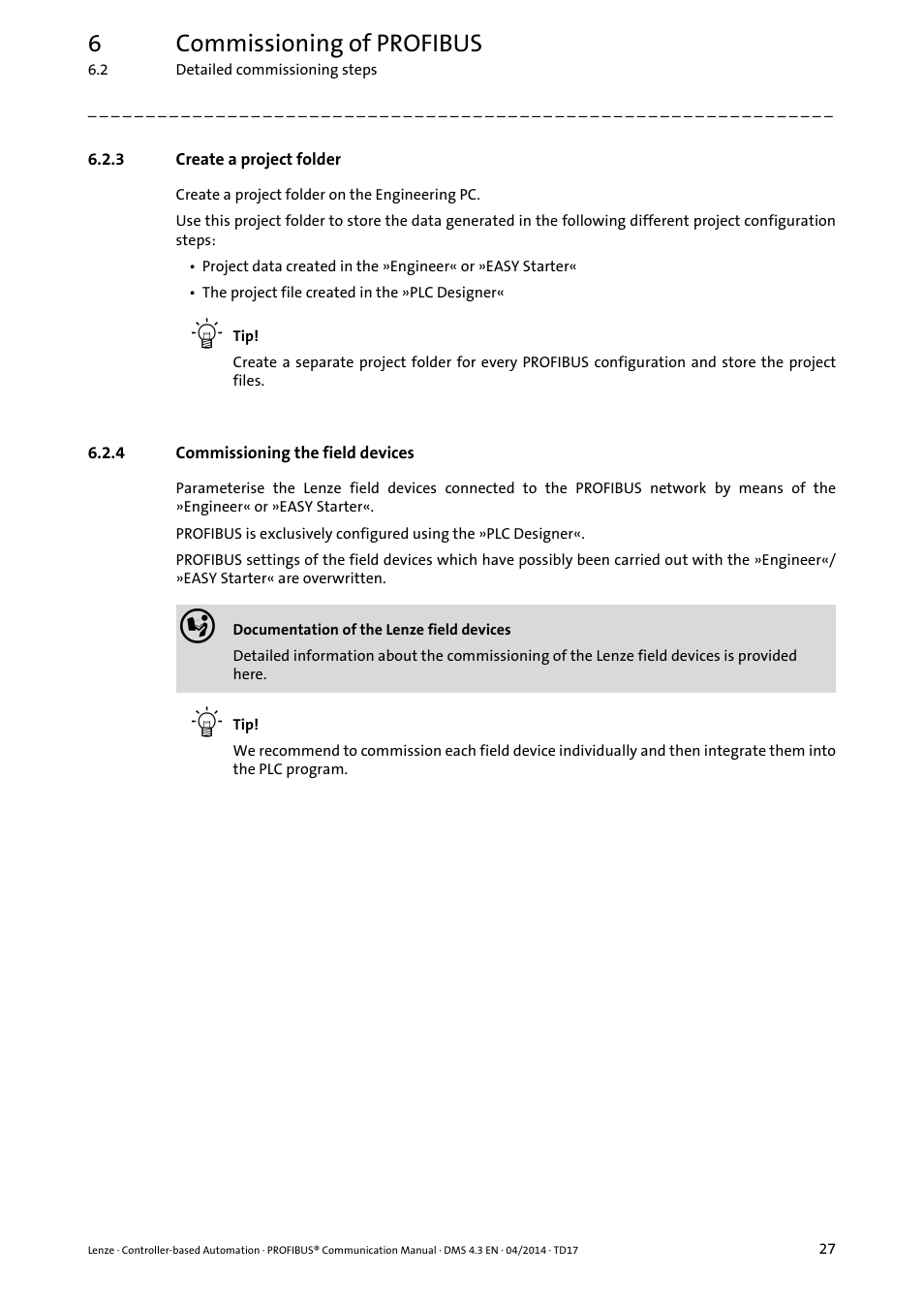 3 create a project folder, 4 commissioning the field devices, Create a project folder | Commissioning the field devices, Commissioning the field devices ( 27), 6commissioning of profibus | Lenze PROFIBUS Controller-based Automation User Manual | Page 27 / 55