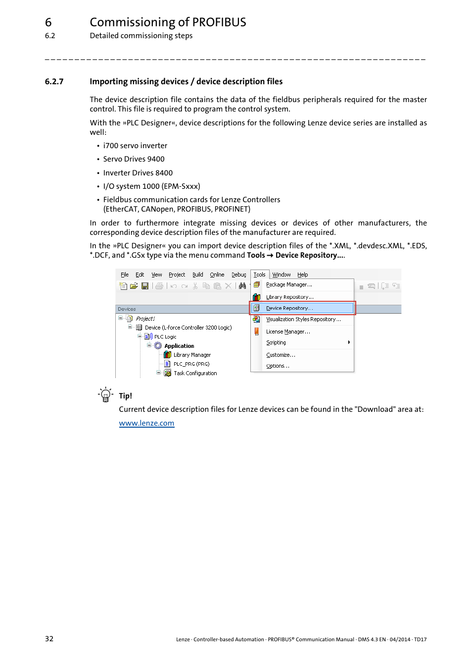 6commissioning of profibus | Lenze PROFIBUS Controller-based Automation User Manual | Page 32 / 55