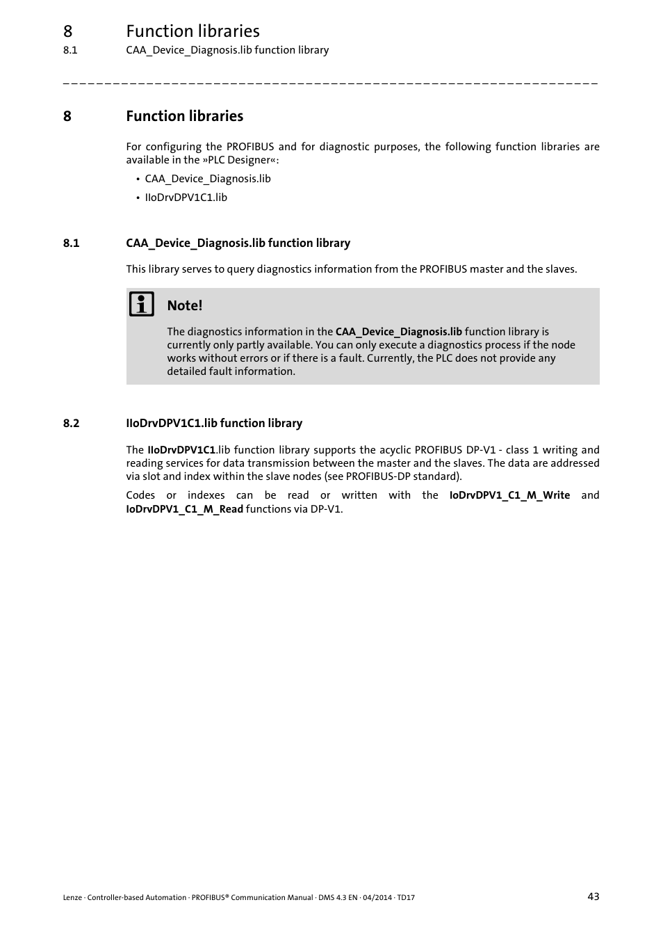 8 function libraries, 1 caa_device_diagnosis.lib function library, 2 iiodrvdpv1c1.lib function library | Function libraries, Caa_device_diagnosis.lib function library, Iiodrvdpv1c1.lib function library, 8function libraries | Lenze PROFIBUS Controller-based Automation User Manual | Page 43 / 55