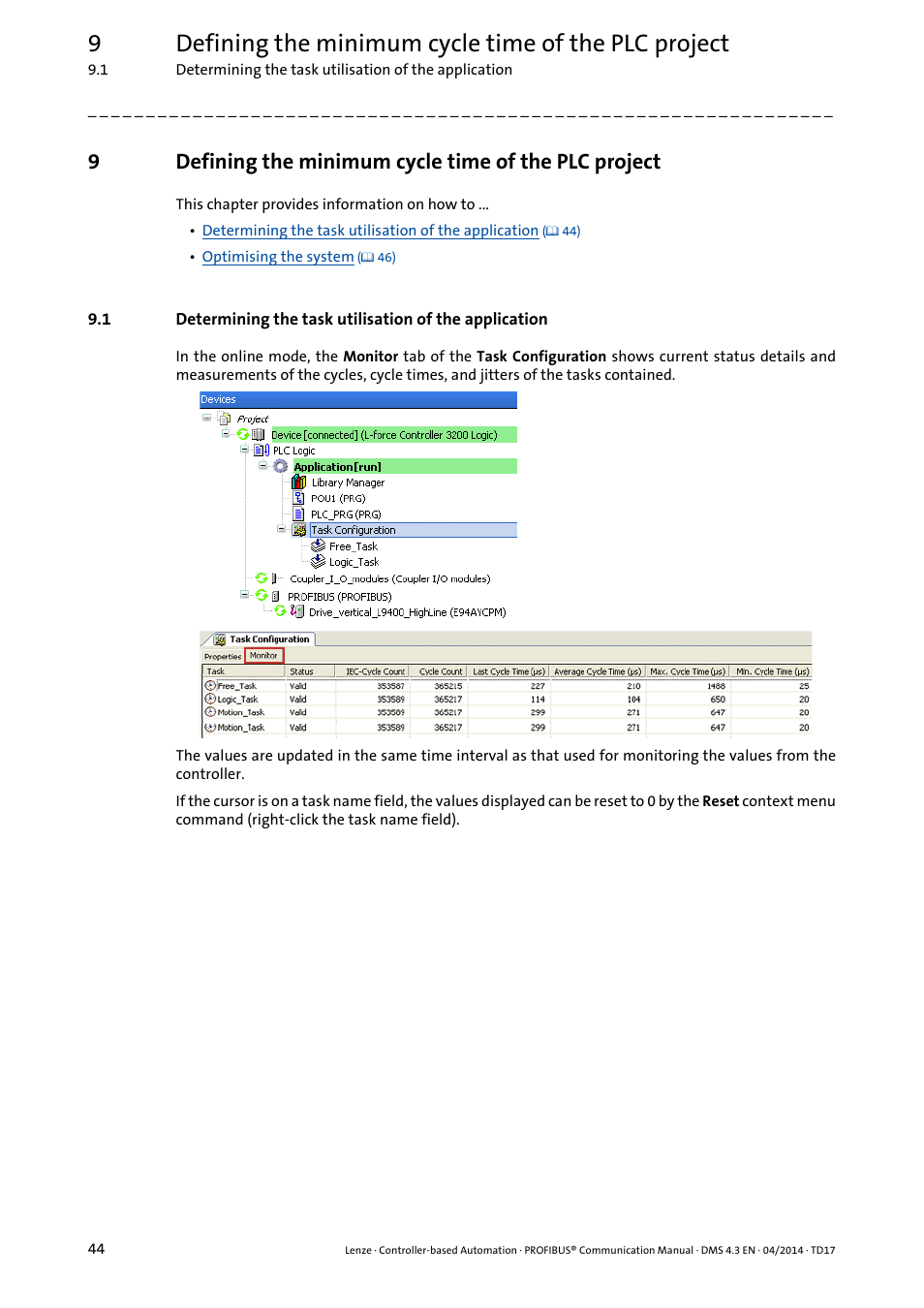 Defining the minimum cycle time of the plc project | Lenze PROFIBUS Controller-based Automation User Manual | Page 44 / 55
