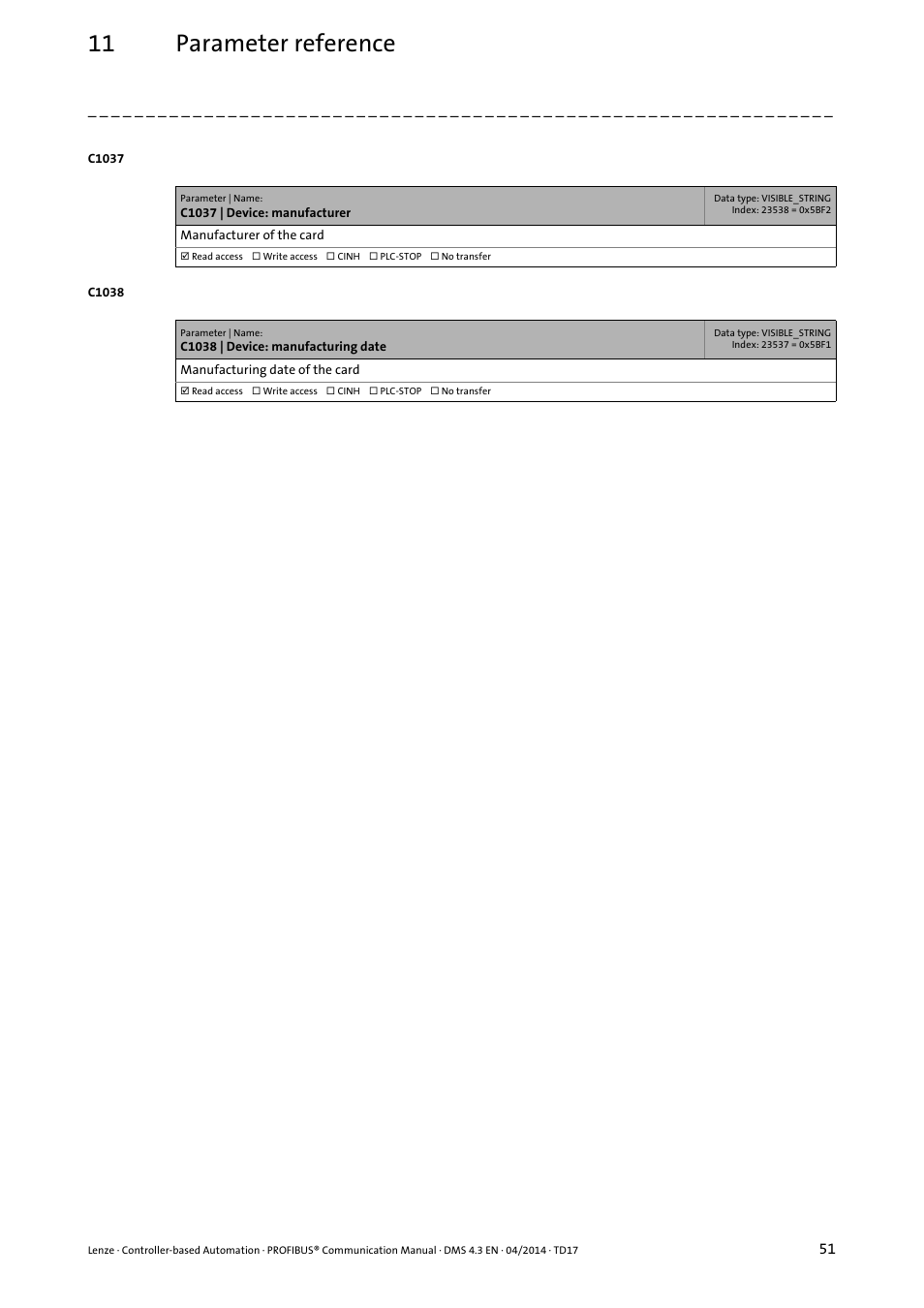 11 parameter reference | Lenze PROFIBUS Controller-based Automation User Manual | Page 51 / 55