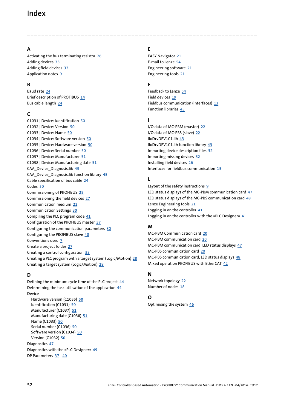 Index | Lenze PROFIBUS Controller-based Automation User Manual | Page 52 / 55