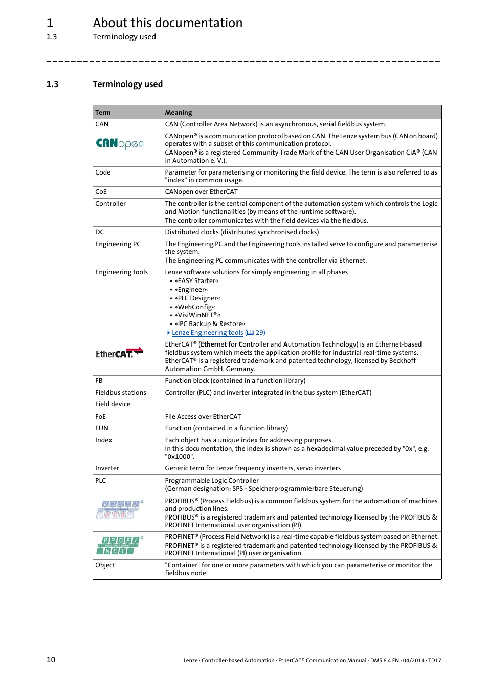 3 terminology used, Terminology used, 1about this documentation | Lenze EtherCAT Controller-based Automation User Manual | Page 10 / 205