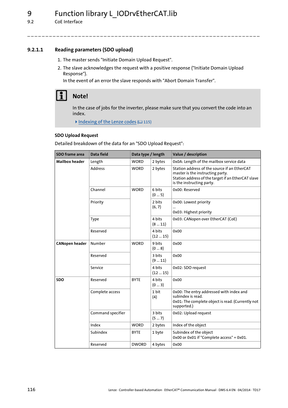 1 reading parameters (sdo upload), Reading parameters (sdo upload), 9function library l_iodrvethercat.lib | Lenze EtherCAT Controller-based Automation User Manual | Page 116 / 205