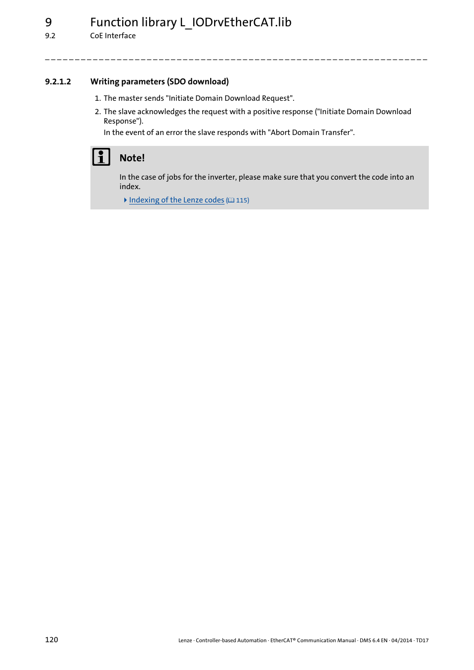 2 writing parameters (sdo download), Writing parameters (sdo download), 9function library l_iodrvethercat.lib | Lenze EtherCAT Controller-based Automation User Manual | Page 120 / 205