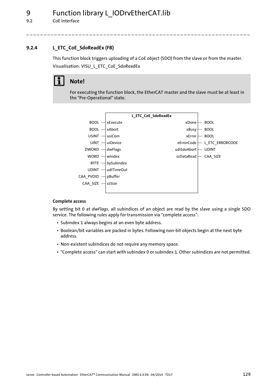 4 l_etc_coe_sdoreadex (fb), L_etc_coe_sdoreadex (fb), L_etc_coe_sdoreadex (fb) ( 129) | 9function library l_iodrvethercat.lib | Lenze EtherCAT Controller-based Automation User Manual | Page 129 / 205