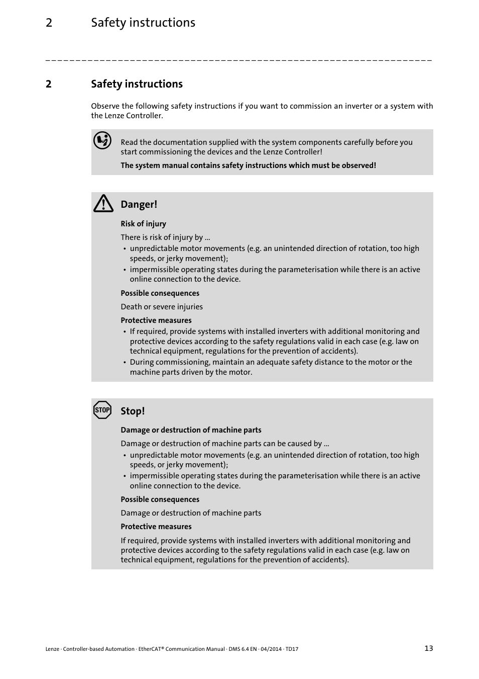 2 safety instructions, Safety instructions, 2safety instructions | Lenze EtherCAT Controller-based Automation User Manual | Page 13 / 205