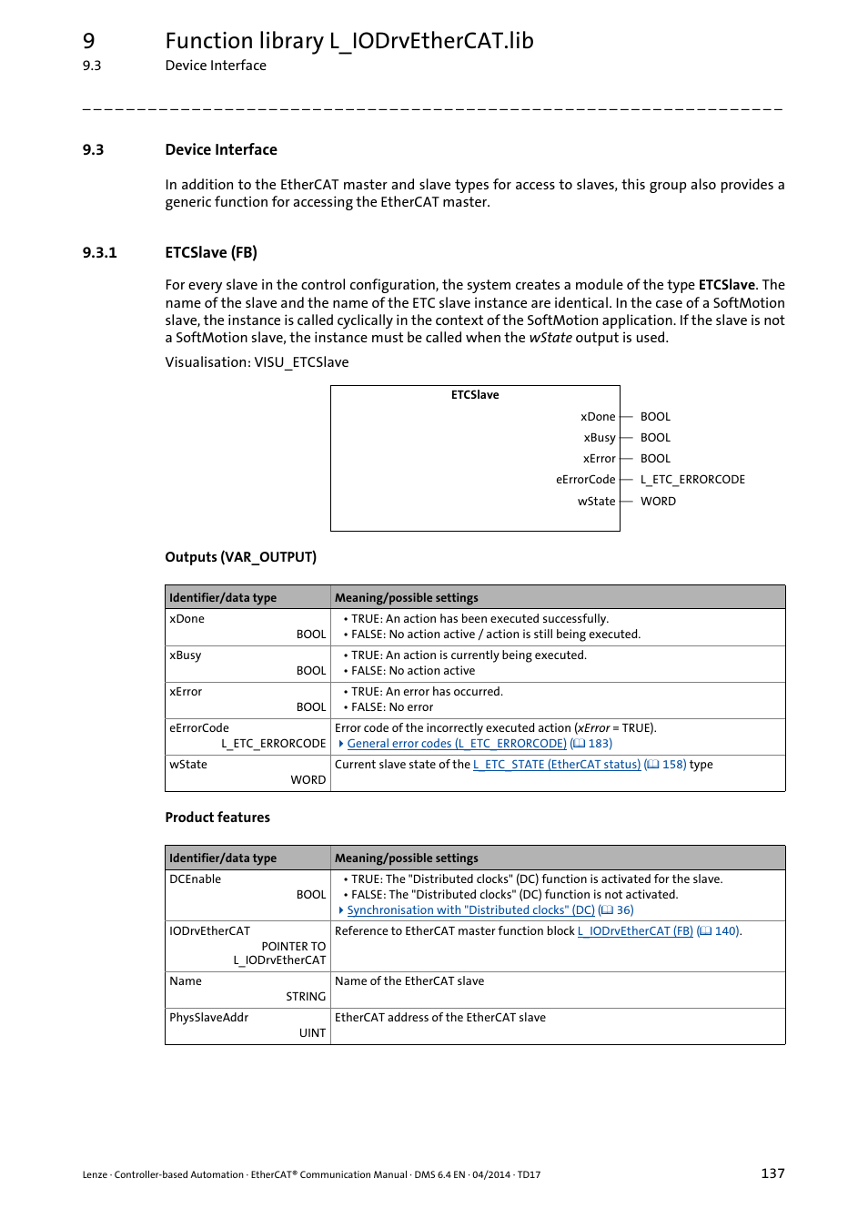 3 device interface, 1 etcslave (fb), Device interface | Etcslave (fb), Device interface ( 137), Etcslave (fb) ( 137), 9function library l_iodrvethercat.lib | Lenze EtherCAT Controller-based Automation User Manual | Page 137 / 205